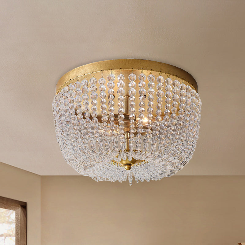 Dome Frame Crystal Strand Ceiling Flush Modernist 3 Bulbs Gold Finish Flush Mounted Lighting Gold Clearhalo 'Ceiling Lights' 'Close To Ceiling Lights' 'Close to ceiling' 'Flush mount' Lighting' 987986