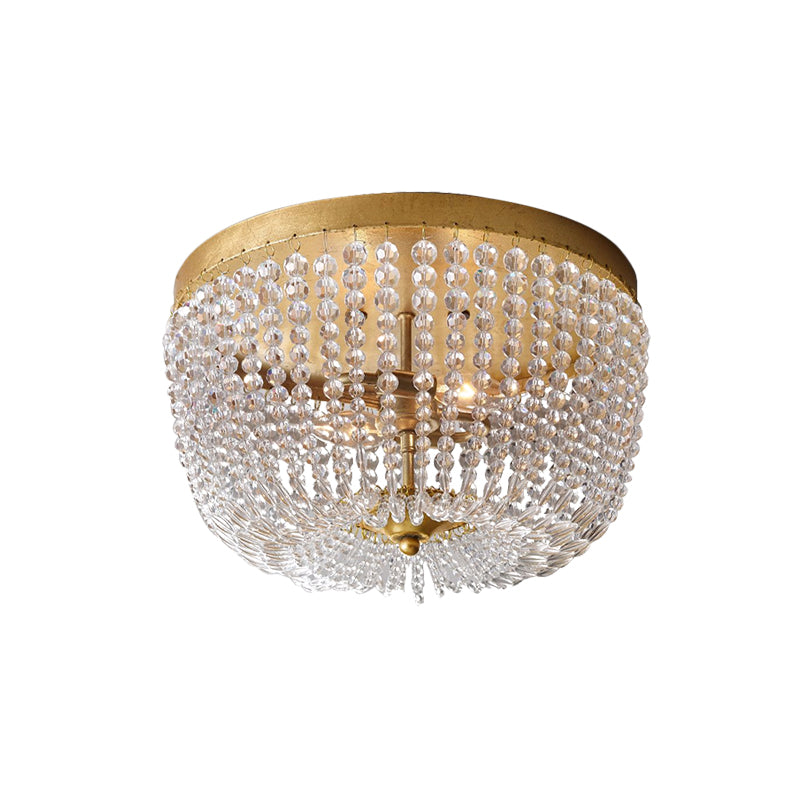 Dome Frame Crystal Strand Ceiling Flush Modernist 3 Bulbs Gold Finish Flush Mounted Lighting Clearhalo 'Ceiling Lights' 'Close To Ceiling Lights' 'Close to ceiling' 'Flush mount' Lighting' 987987