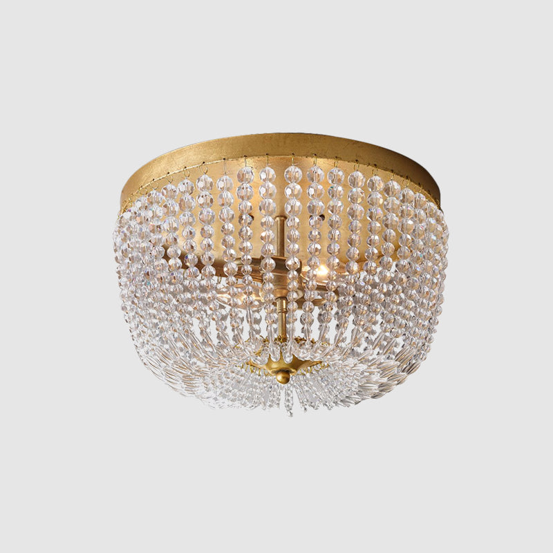 Dome Frame Crystal Strand Ceiling Flush Modernist 3 Bulbs Gold Finish Flush Mounted Lighting Clearhalo 'Ceiling Lights' 'Close To Ceiling Lights' 'Close to ceiling' 'Flush mount' Lighting' 987988