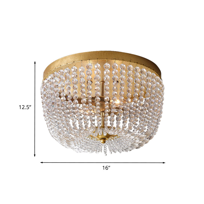 Dome Frame Crystal Strand Ceiling Flush Modernist 3 Bulbs Gold Finish Flush Mounted Lighting Clearhalo 'Ceiling Lights' 'Close To Ceiling Lights' 'Close to ceiling' 'Flush mount' Lighting' 987989