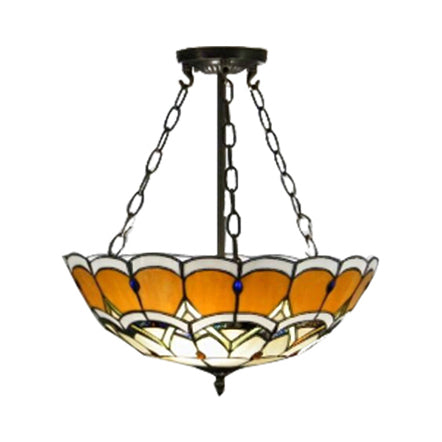 Yellow Bowl Inverted Ceiling Light Tiffany Victorian Stained Glass Semi Flushmount Light for Bookstore Yellow Clearhalo 'Ceiling Lights' 'Close To Ceiling Lights' 'Close to ceiling' 'Glass shade' 'Glass' 'Semi-flushmount' 'Tiffany close to ceiling' 'Tiffany' Lighting' 98799