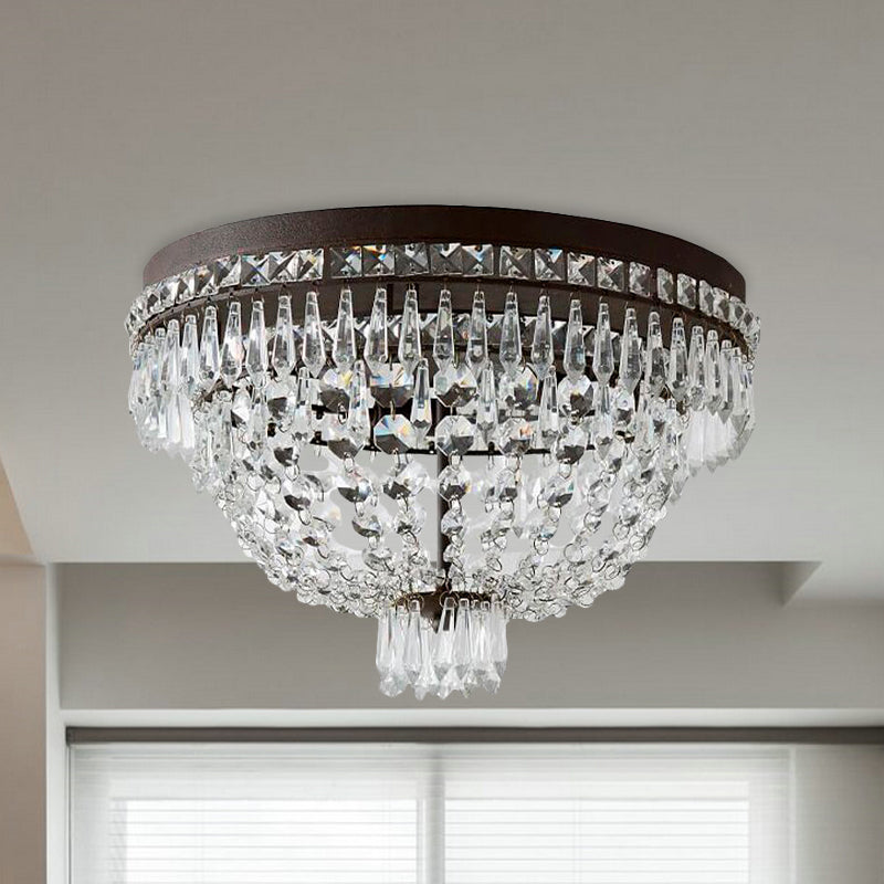 Crystal Strand Basket Flushmount Lighting Traditional 3-Head Bedroom Ceiling Lamp Fixture in Black Black Clearhalo 'Ceiling Lights' 'Close To Ceiling Lights' 'Close to ceiling' 'Flush mount' Lighting' 987990