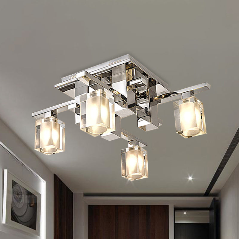 Cuboid Semi Flush Light Fixture Modernist Clear Glass 4 Heads Chrome Finish Flush Ceiling Lamp Chrome Clearhalo 'Ceiling Lights' 'Close To Ceiling Lights' 'Close to ceiling' 'Semi-flushmount' Lighting' 987998