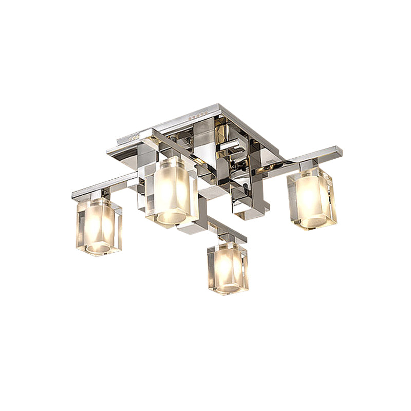 Cuboid Semi Flush Light Fixture Modernist Clear Glass 4 Heads Chrome Finish Flush Ceiling Lamp Clearhalo 'Ceiling Lights' 'Close To Ceiling Lights' 'Close to ceiling' 'Semi-flushmount' Lighting' 987999