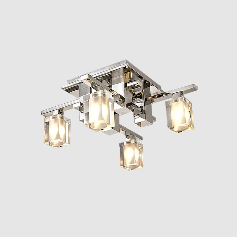 Cuboid Semi Flush Light Fixture Modernist Clear Glass 4 Heads Chrome Finish Flush Ceiling Lamp Clearhalo 'Ceiling Lights' 'Close To Ceiling Lights' 'Close to ceiling' 'Semi-flushmount' Lighting' 988000