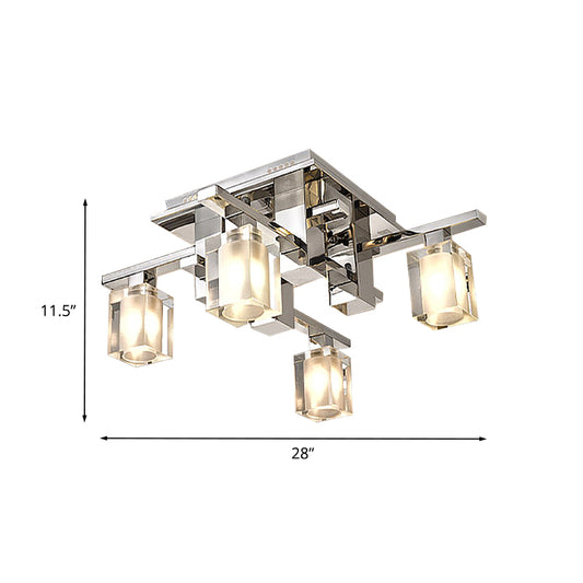 Cuboid Semi Flush Light Fixture Modernist Clear Glass 4 Heads Chrome Finish Flush Ceiling Lamp Clearhalo 'Ceiling Lights' 'Close To Ceiling Lights' 'Close to ceiling' 'Semi-flushmount' Lighting' 988001