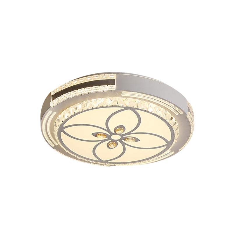 Crystal Block Circle Ceiling Light Modernist LED Flush Mount Lamp with  Four-Leaf Clover/Flower Pattern in Chrome