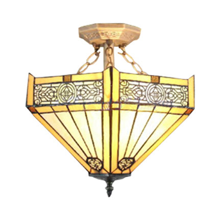 Tiffany Retro Loft Beige Ceiling Fixture Conical Stained Glass Semi Flush Mount Light for Restaurant Beige Clearhalo 'Ceiling Lights' 'Close To Ceiling Lights' 'Close to ceiling' 'Flush mount' Lighting' 98817