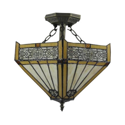 Tiffany Retro Loft Beige Ceiling Fixture Conical Stained Glass Semi Flush Mount Light for Restaurant Clearhalo 'Ceiling Lights' 'Close To Ceiling Lights' 'Close to ceiling' 'Flush mount' Lighting' 98818