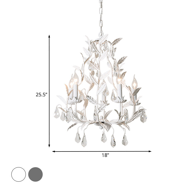 Leaf Hanging Chandelier Traditional 5-Bulb Dangling Crystal Bead Suspended Lighting Fixture in Grey/White Clearhalo 'Ceiling Lights' 'Chandeliers' Lighting' options 988312