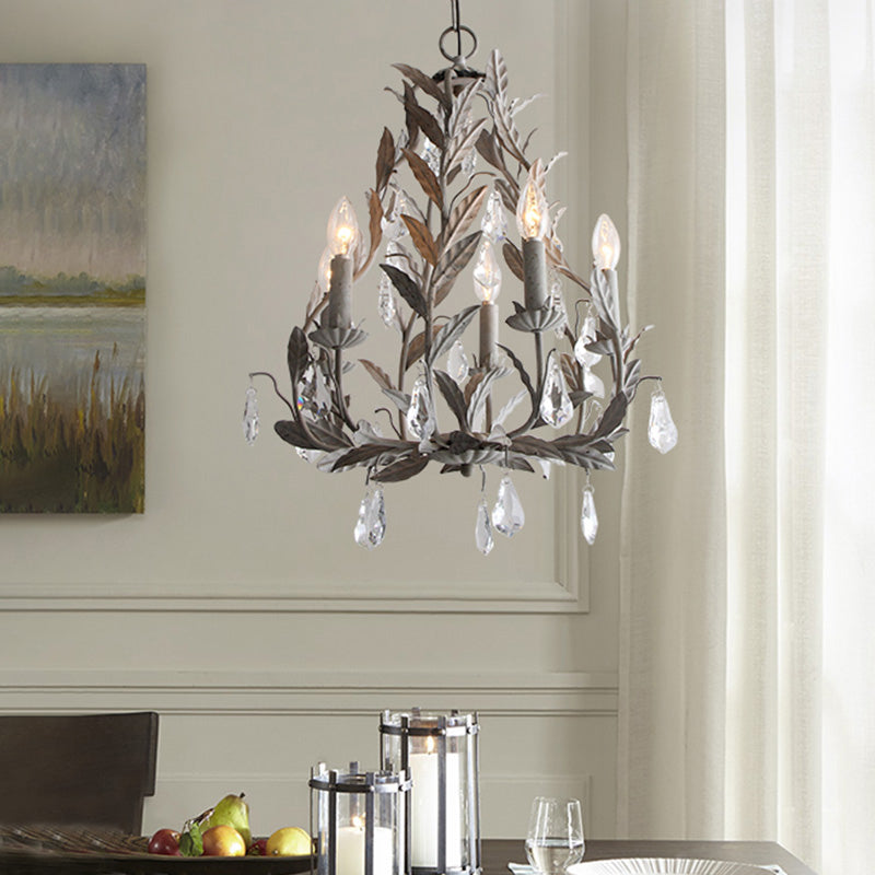 Leaf Hanging Chandelier Traditional 5-Bulb Dangling Crystal Bead Suspended Lighting Fixture in Grey/White Clearhalo 'Ceiling Lights' 'Chandeliers' Lighting' options 988313