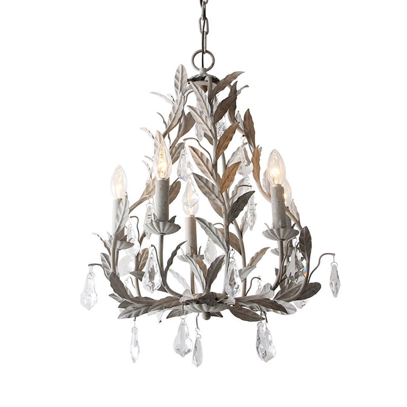 Leaf Hanging Chandelier Traditional 5-Bulb Dangling Crystal Bead Suspended Lighting Fixture in Grey/White Clearhalo 'Ceiling Lights' 'Chandeliers' Lighting' options 988315