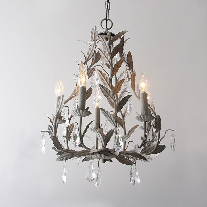 Leaf Hanging Chandelier Traditional 5-Bulb Dangling Crystal Bead Suspended Lighting Fixture in Grey/White Clearhalo 'Ceiling Lights' 'Chandeliers' Lighting' options 988316