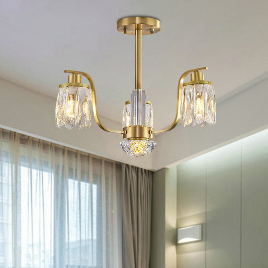 Cylindrical Hanging Chandelier 3-Bulb Beveled Glass Suspended Lighting Fixture in Gold Gold Clearhalo 'Ceiling Lights' 'Chandeliers' 'Modern Chandeliers' 'Modern' Lighting' 988325