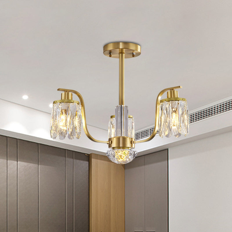 Cylindrical Hanging Chandelier 3-Bulb Beveled Glass Suspended Lighting Fixture in Gold Clearhalo 'Ceiling Lights' 'Chandeliers' 'Modern Chandeliers' 'Modern' Lighting' 988326