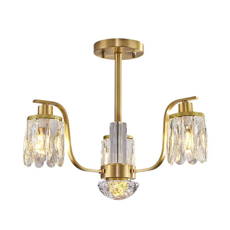 Cylindrical Hanging Chandelier 3-Bulb Beveled Glass Suspended Lighting Fixture in Gold Clearhalo 'Ceiling Lights' 'Chandeliers' 'Modern Chandeliers' 'Modern' Lighting' 988327