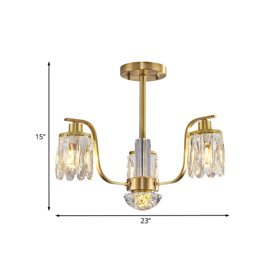 Cylindrical Hanging Chandelier 3-Bulb Beveled Glass Suspended Lighting Fixture in Gold Clearhalo 'Ceiling Lights' 'Chandeliers' 'Modern Chandeliers' 'Modern' Lighting' 988328