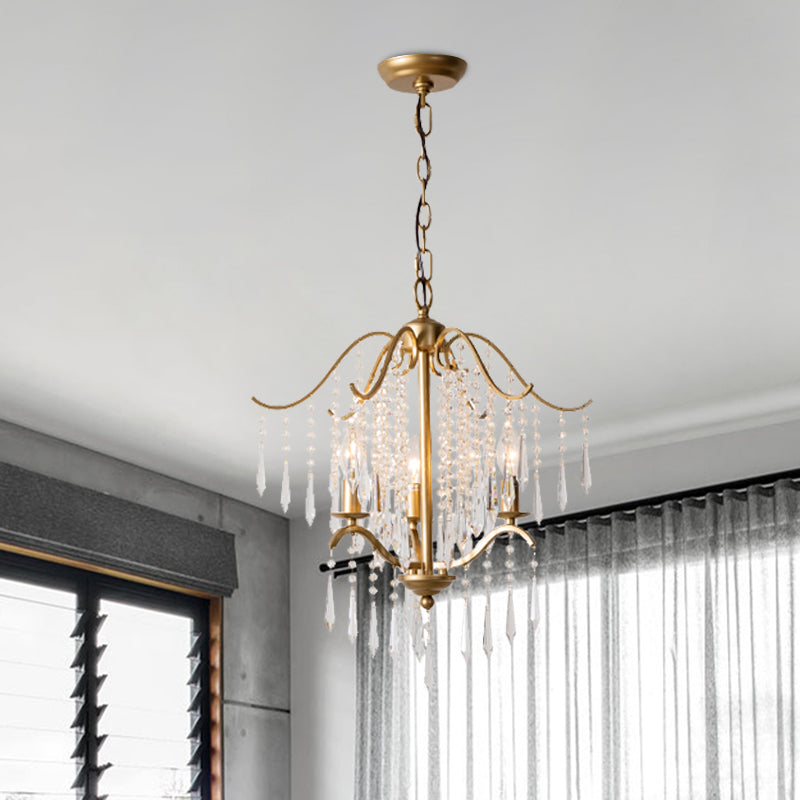 Candlestick Restaurant Ceiling Chandelier Modernism Hanging Crystal Droplet 3/4-Light Gold Lighting Fixture Clearhalo 'Ceiling Lights' 'Chandeliers' Lighting' options 988329