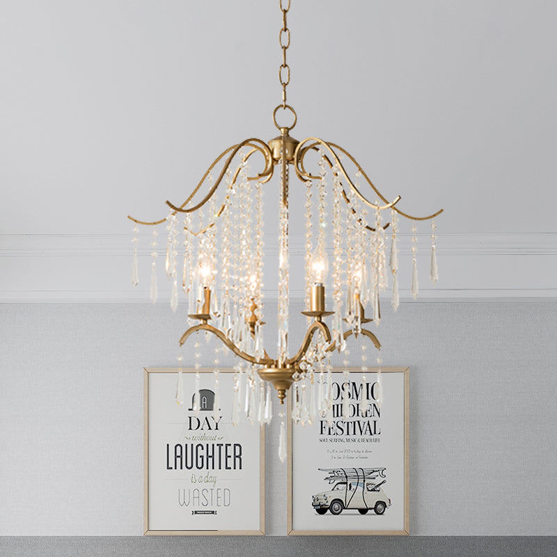 Candlestick Restaurant Ceiling Chandelier Modernism Hanging Crystal Droplet 3/4-Light Gold Lighting Fixture Clearhalo 'Ceiling Lights' 'Chandeliers' Lighting' options 988333