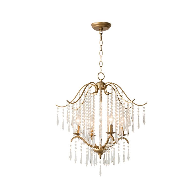 Candlestick Restaurant Ceiling Chandelier Modernism Hanging Crystal Droplet 3/4-Light Gold Lighting Fixture Clearhalo 'Ceiling Lights' 'Chandeliers' Lighting' options 988335