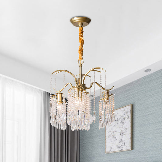 4 Bulbs Chandelier Light Post Modern Windbell Crystal Bead Suspension Pendant Light in Gold Gold Clearhalo 'Ceiling Lights' 'Chandeliers' 'Modern Chandeliers' 'Modern' Lighting' 988338