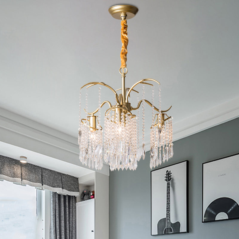 4 Bulbs Chandelier Light Post Modern Windbell Crystal Bead Suspension Pendant Light in Gold Clearhalo 'Ceiling Lights' 'Chandeliers' 'Modern Chandeliers' 'Modern' Lighting' 988339