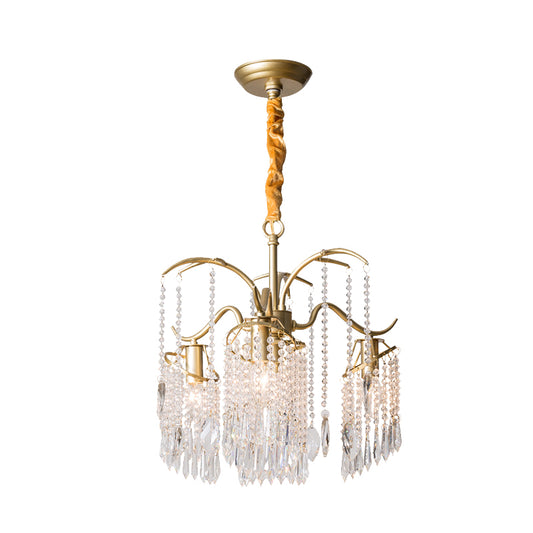 4 Bulbs Chandelier Light Post Modern Windbell Crystal Bead Suspension Pendant Light in Gold Clearhalo 'Ceiling Lights' 'Chandeliers' 'Modern Chandeliers' 'Modern' Lighting' 988340