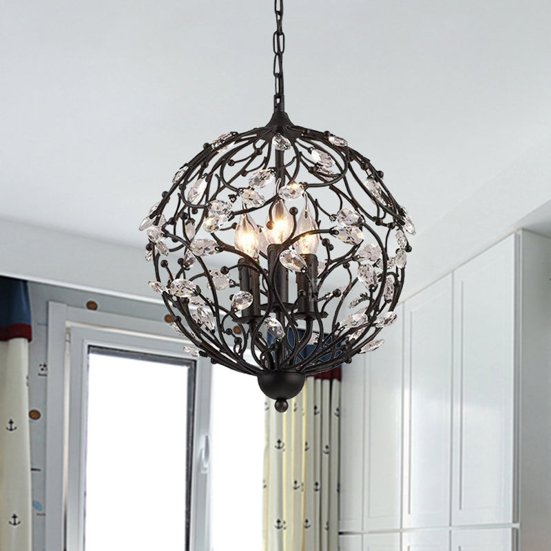 European Globe Hanging Chandelier 3-Head Beveled Glass Crystal Suspension Lamp in Black Clearhalo 'Ceiling Lights' 'Chandeliers' Lighting' options 988342