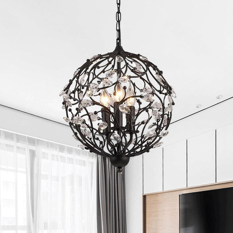 European Globe Hanging Chandelier 3-Head Beveled Glass Crystal Suspension Lamp in Black Clearhalo 'Ceiling Lights' 'Chandeliers' Lighting' options 988343