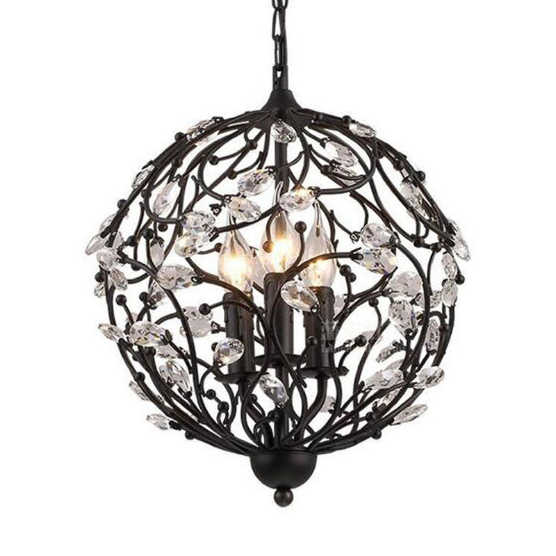 European Globe Hanging Chandelier 3-Head Beveled Glass Crystal Suspension Lamp in Black Clearhalo 'Ceiling Lights' 'Chandeliers' Lighting' options 988344