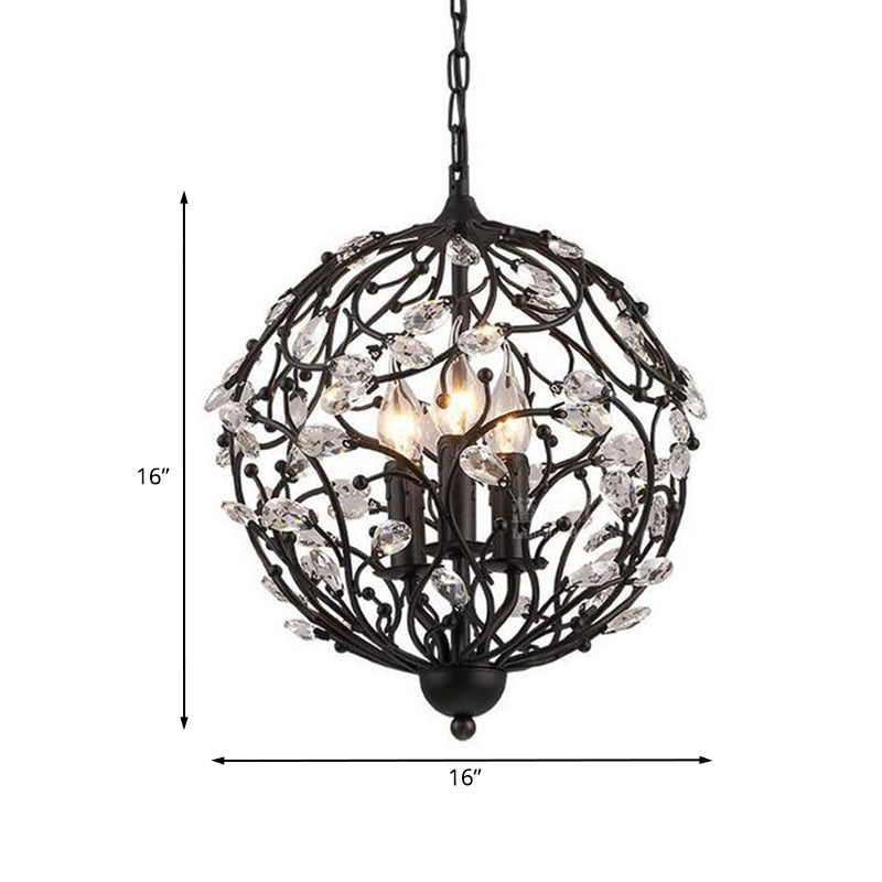 European Globe Hanging Chandelier 3-Head Beveled Glass Crystal Suspension Lamp in Black Clearhalo 'Ceiling Lights' 'Chandeliers' Lighting' options 988345