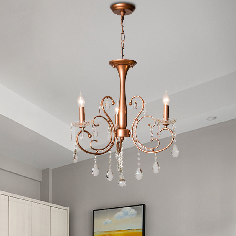 3-Bulb Chandelier Light Fixture Traditional Swirled Arm Draping Crystal Raindrop Suspension Lamp for Lobby in Copper Clearhalo 'Ceiling Lights' 'Chandeliers' Lighting' options 988355