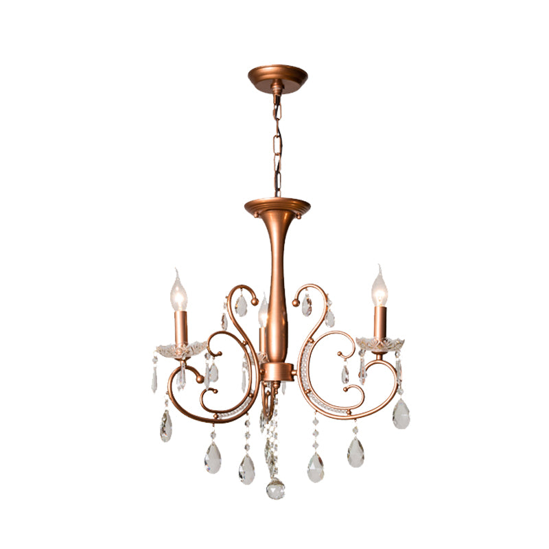 3-Bulb Chandelier Light Fixture Traditional Swirled Arm Draping Crystal Raindrop Suspension Lamp for Lobby in Copper Clearhalo 'Ceiling Lights' 'Chandeliers' Lighting' options 988356