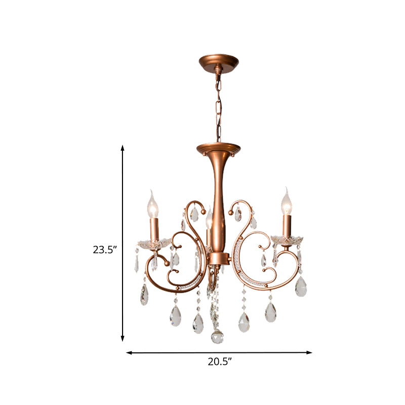 3-Bulb Chandelier Light Fixture Traditional Swirled Arm Draping Crystal Raindrop Suspension Lamp for Lobby in Copper Clearhalo 'Ceiling Lights' 'Chandeliers' Lighting' options 988357