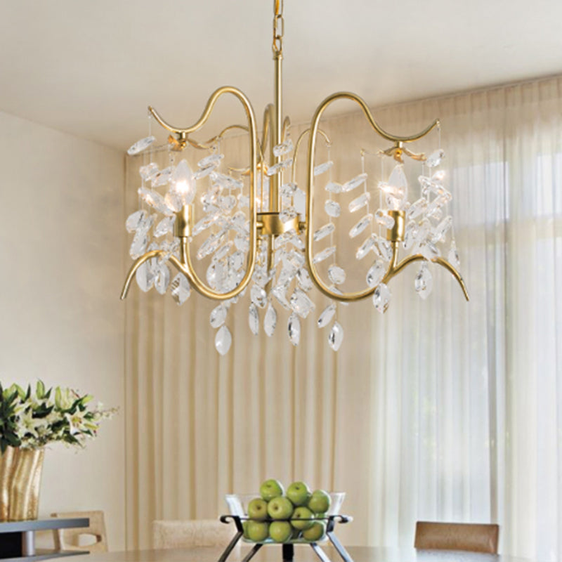 Armed Faceted Ball Finial Chandelier Minimalist 3-Head Hall Ceiling Suspension Lamp in Gold Clearhalo 'Ceiling Lights' 'Chandeliers' Lighting' options 988362