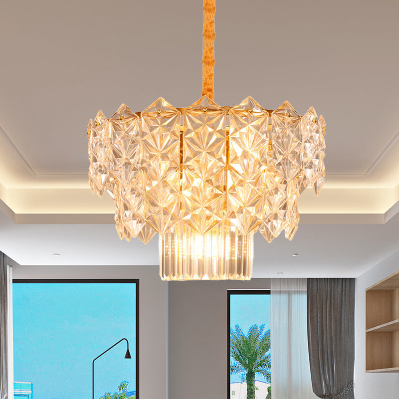 9 Heads Crystal Flute Hanging Chandelier Post Modern Gold Drum Dining Room Suspended Lighting Fixture Gold Clearhalo 'Ceiling Lights' 'Chandeliers' 'Modern Chandeliers' 'Modern' Lighting' 988382