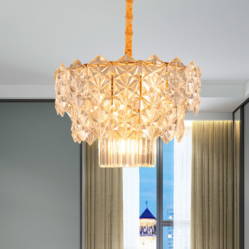 9 Heads Crystal Flute Hanging Chandelier Post Modern Gold Drum Dining Room Suspended Lighting Fixture Clearhalo 'Ceiling Lights' 'Chandeliers' 'Modern Chandeliers' 'Modern' Lighting' 988383