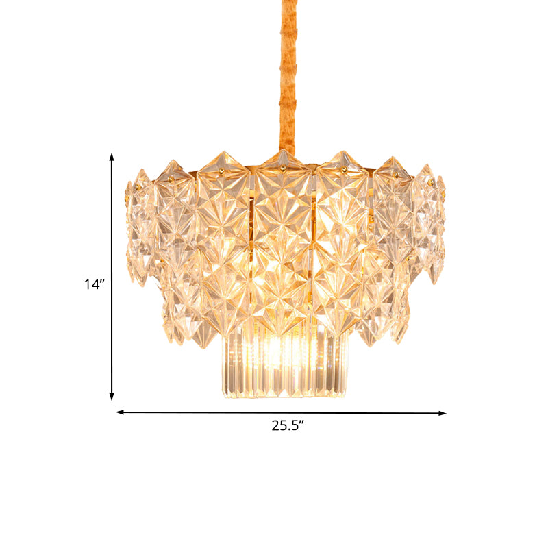 9 Heads Crystal Flute Hanging Chandelier Post Modern Gold Drum Dining Room Suspended Lighting Fixture Clearhalo 'Ceiling Lights' 'Chandeliers' 'Modern Chandeliers' 'Modern' Lighting' 988385