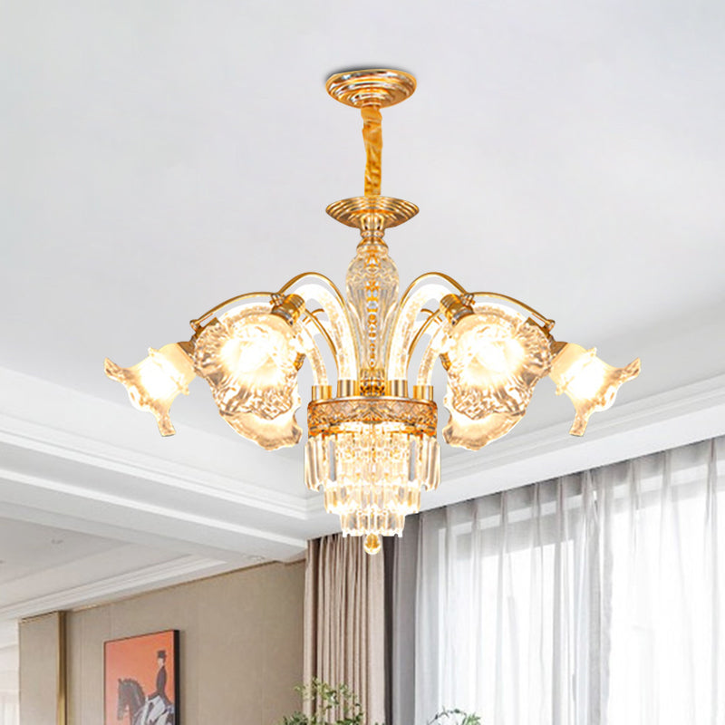 Fountain Ceiling Suspension Lamp European 6-Bulb Crystal Flute Chandelier Lighting Fixture in Gold Gold Clearhalo 'Ceiling Lights' 'Chandeliers' 'Modern Chandeliers' 'Modern' Lighting' 988422