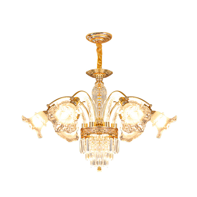 Fountain Ceiling Suspension Lamp European 6-Bulb Crystal Flute Chandelier Lighting Fixture in Gold Clearhalo 'Ceiling Lights' 'Chandeliers' 'Modern Chandeliers' 'Modern' Lighting' 988424