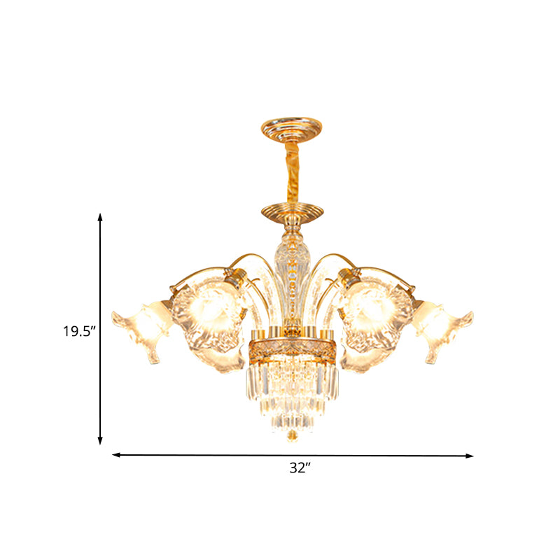 Fountain Ceiling Suspension Lamp European 6-Bulb Crystal Flute Chandelier Lighting Fixture in Gold Clearhalo 'Ceiling Lights' 'Chandeliers' 'Modern Chandeliers' 'Modern' Lighting' 988425