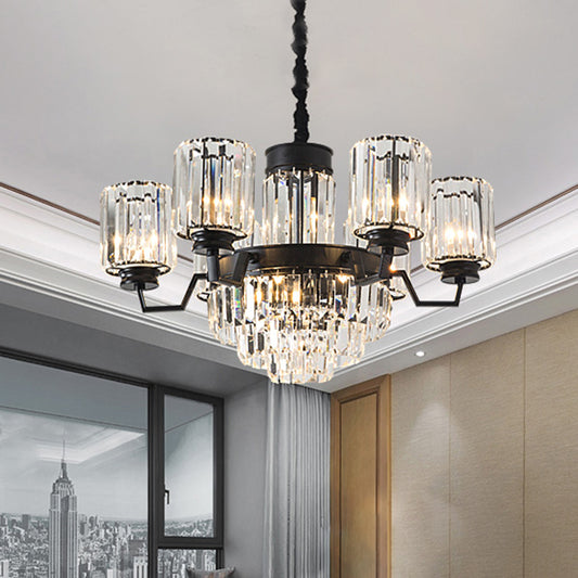 9-Bulb Pendant Chandelier Modern Cylindrical Shade Fluted Clear Glass Rods Ceiling Hang Fixture in Black Black Clearhalo 'Ceiling Lights' 'Chandeliers' 'Modern Chandeliers' 'Modern' Lighting' 988438