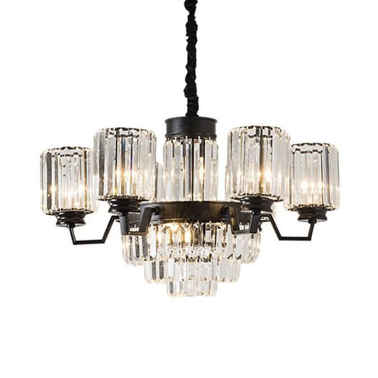 9-Bulb Pendant Chandelier Modern Cylindrical Shade Fluted Clear Glass Rods Ceiling Hang Fixture in Black Clearhalo 'Ceiling Lights' 'Chandeliers' 'Modern Chandeliers' 'Modern' Lighting' 988439