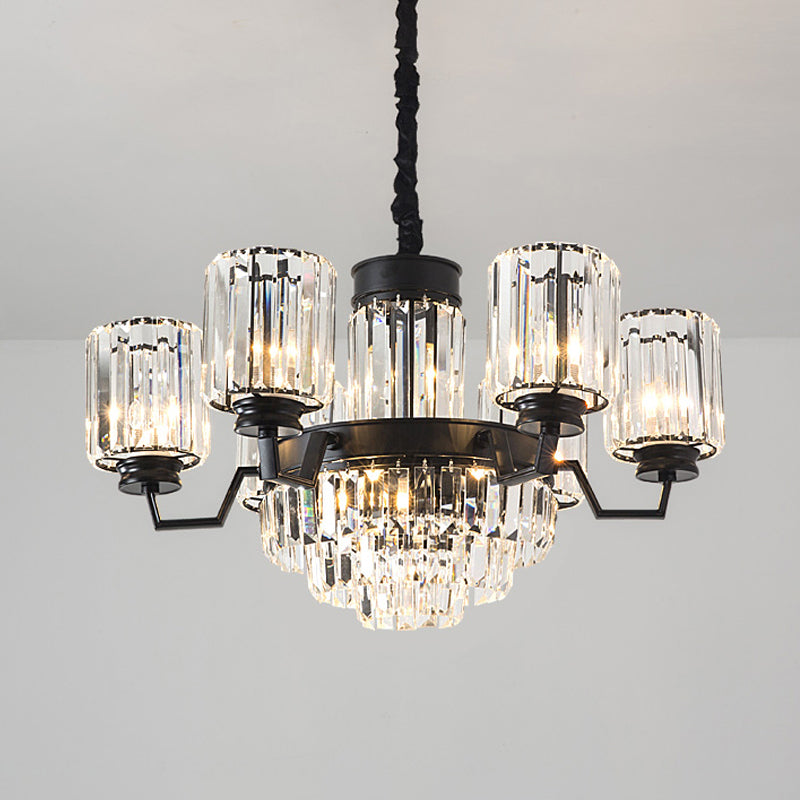 9-Bulb Pendant Chandelier Modern Cylindrical Shade Fluted Clear Glass Rods Ceiling Hang Fixture in Black Clearhalo 'Ceiling Lights' 'Chandeliers' 'Modern Chandeliers' 'Modern' Lighting' 988440