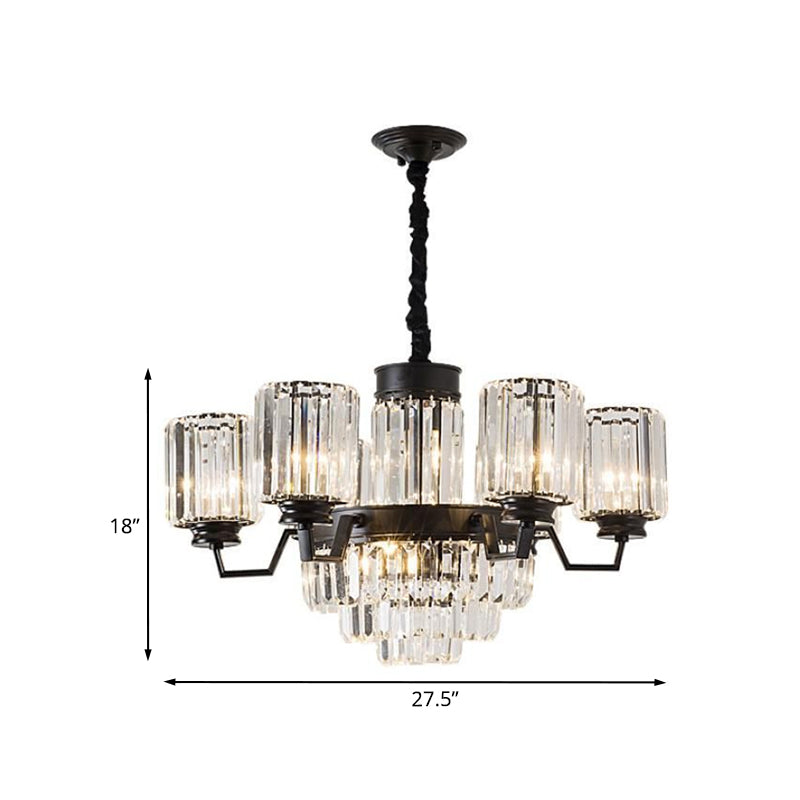 9-Bulb Pendant Chandelier Modern Cylindrical Shade Fluted Clear Glass Rods Ceiling Hang Fixture in Black Clearhalo 'Ceiling Lights' 'Chandeliers' 'Modern Chandeliers' 'Modern' Lighting' 988441