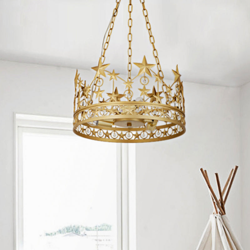 3 Heads Crown Ceiling Suspension Lamp Classic Gold Prismatic Optical Crystal Pendant Chandelier Gold Clearhalo 'Ceiling Lights' 'Chandeliers' 'Modern Chandeliers' 'Modern' Lighting' 988455