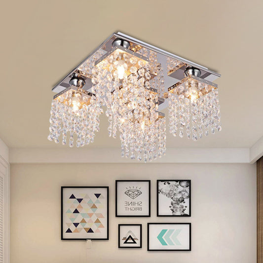 Modern Cubic Ceiling Mount Light Fixture 4-Light Clear Crystal Chain Flush Mount for Living Room Clear Clearhalo 'Ceiling Lights' 'Close To Ceiling Lights' 'Close to ceiling' 'Flush mount' Lighting' 988475