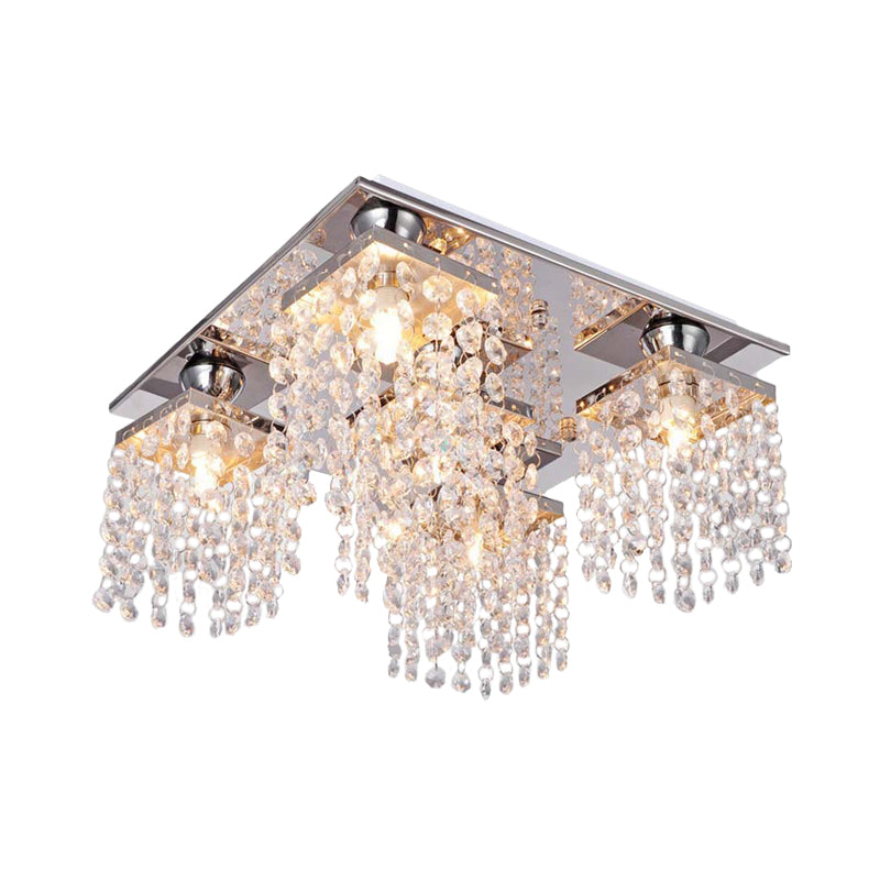 Modern Cubic Ceiling Mount Light Fixture 4-Light Clear Crystal Chain Flush Mount for Living Room Clearhalo 'Ceiling Lights' 'Close To Ceiling Lights' 'Close to ceiling' 'Flush mount' Lighting' 988476