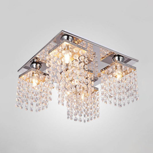 Modern Cubic Ceiling Mount Light Fixture 4-Light Clear Crystal Chain Flush Mount for Living Room Clearhalo 'Ceiling Lights' 'Close To Ceiling Lights' 'Close to ceiling' 'Flush mount' Lighting' 988477