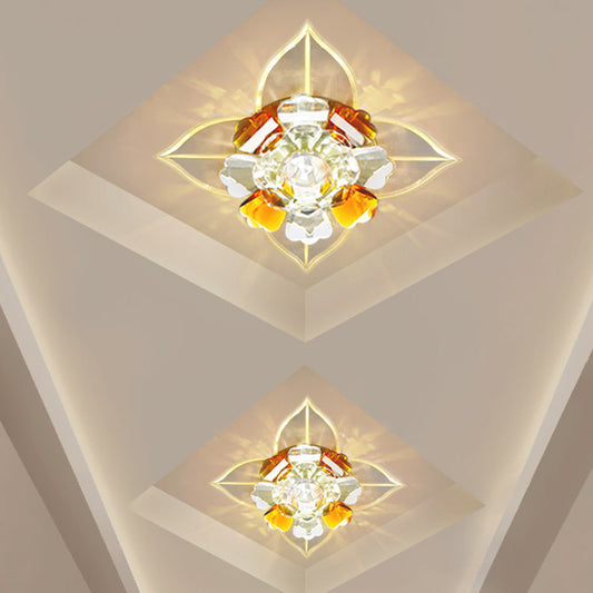 Flower Close to Ceiling Lamp Minimalist LED Tan Faceted Crystal Panel Flushmount Lighting Tan Clearhalo 'Ceiling Lights' 'Close To Ceiling Lights' 'Close to ceiling' 'Flush mount' Lighting' 988495